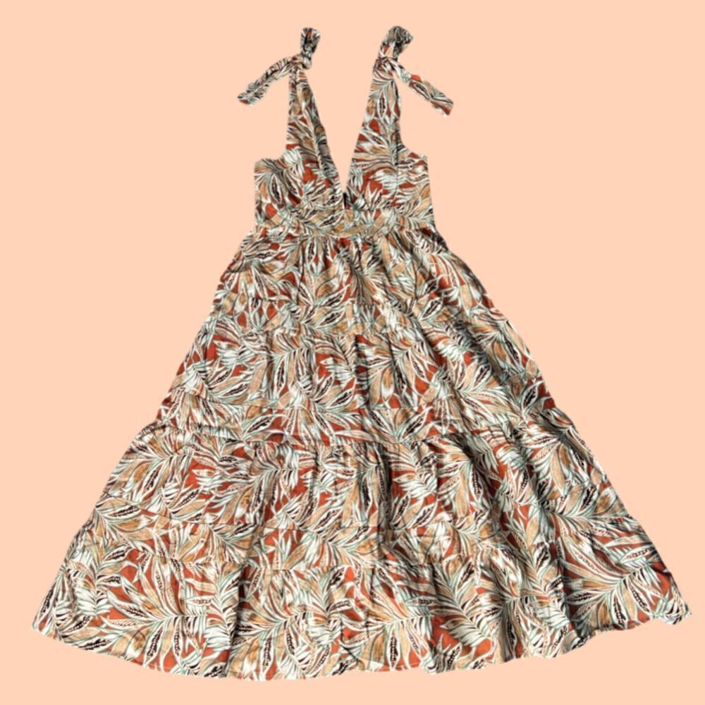 House of Harlow 1960 Linen Blend Tiered Dress, Tropical Leaf Print. Small. NWT!